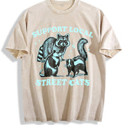 Retro Raccoon Support Local Street Cats 90's Vintage Washed T-Shirt in Beige