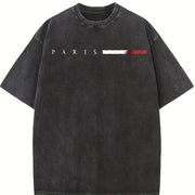 Paris Flag Blend Soft Breathable Trendy Letter for and vintage washed oversized T-shirt in Black