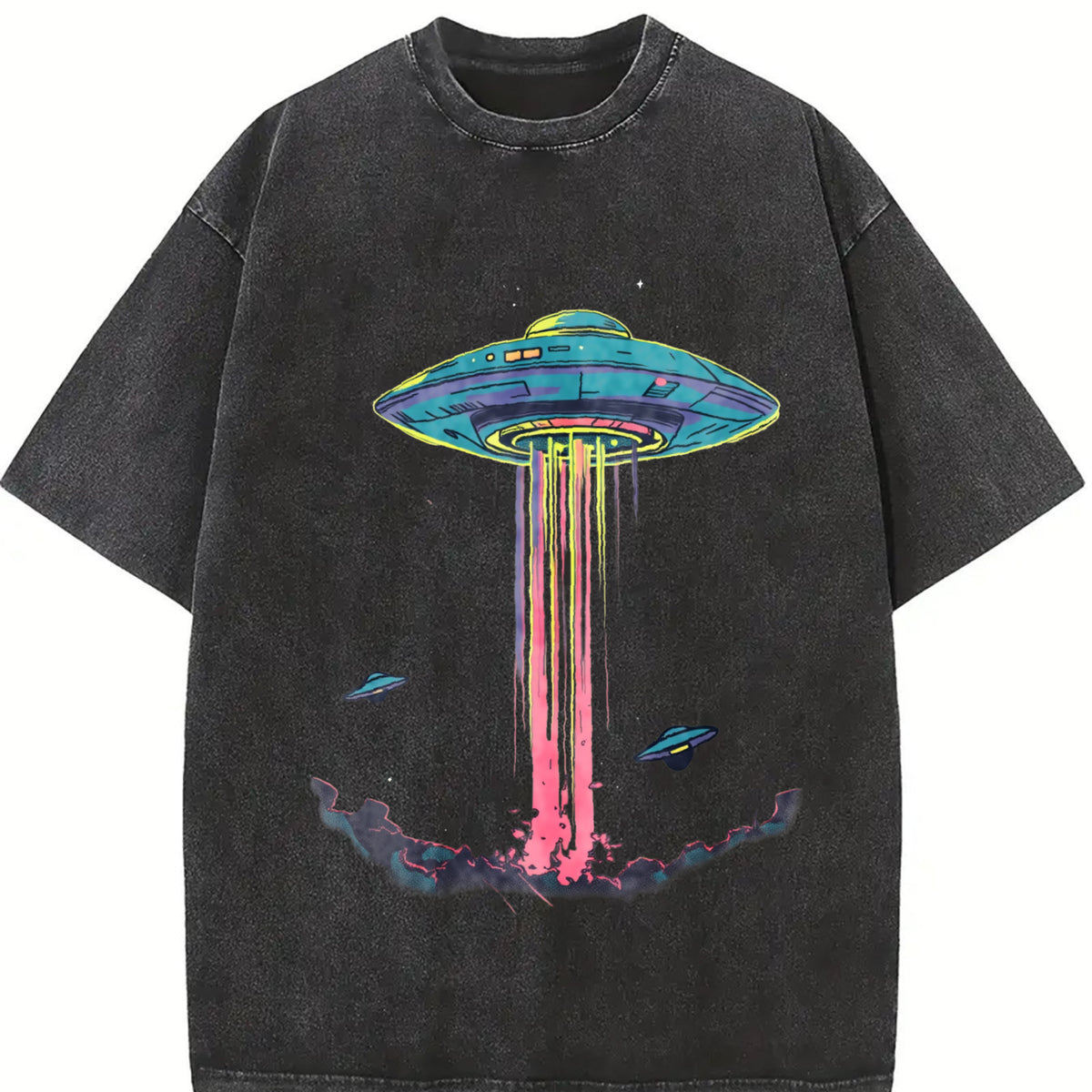 Retro Alien Abduction Vintage Washed T-Shirt in Black