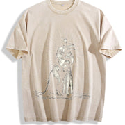 Retro Jesus Holding Dinosaur Religious Vintage Washed T-Shirt in Beige