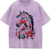 New Year Winter a Horse Year Theme Vintage Washed T-Shirt in Purple
