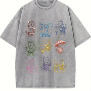 Cat 90s Tattoo Retro Kitten Cute Vintage Washed T-Shirt in Gray