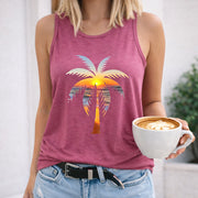 Sunset Palm Tree Women's Color Cotton Tank Top in Red