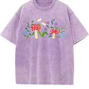 Mushroom Floral Garden Fairy Embroidered Vintage Washed T-Shirt in Purple