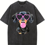 Dachshund Mama Blowing Bubble Vintage Washed T-Shirt in Black