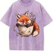 Winter: Little Fox Curled Up in a Floral Teacup Vintage Washed T-Shirt in Purple