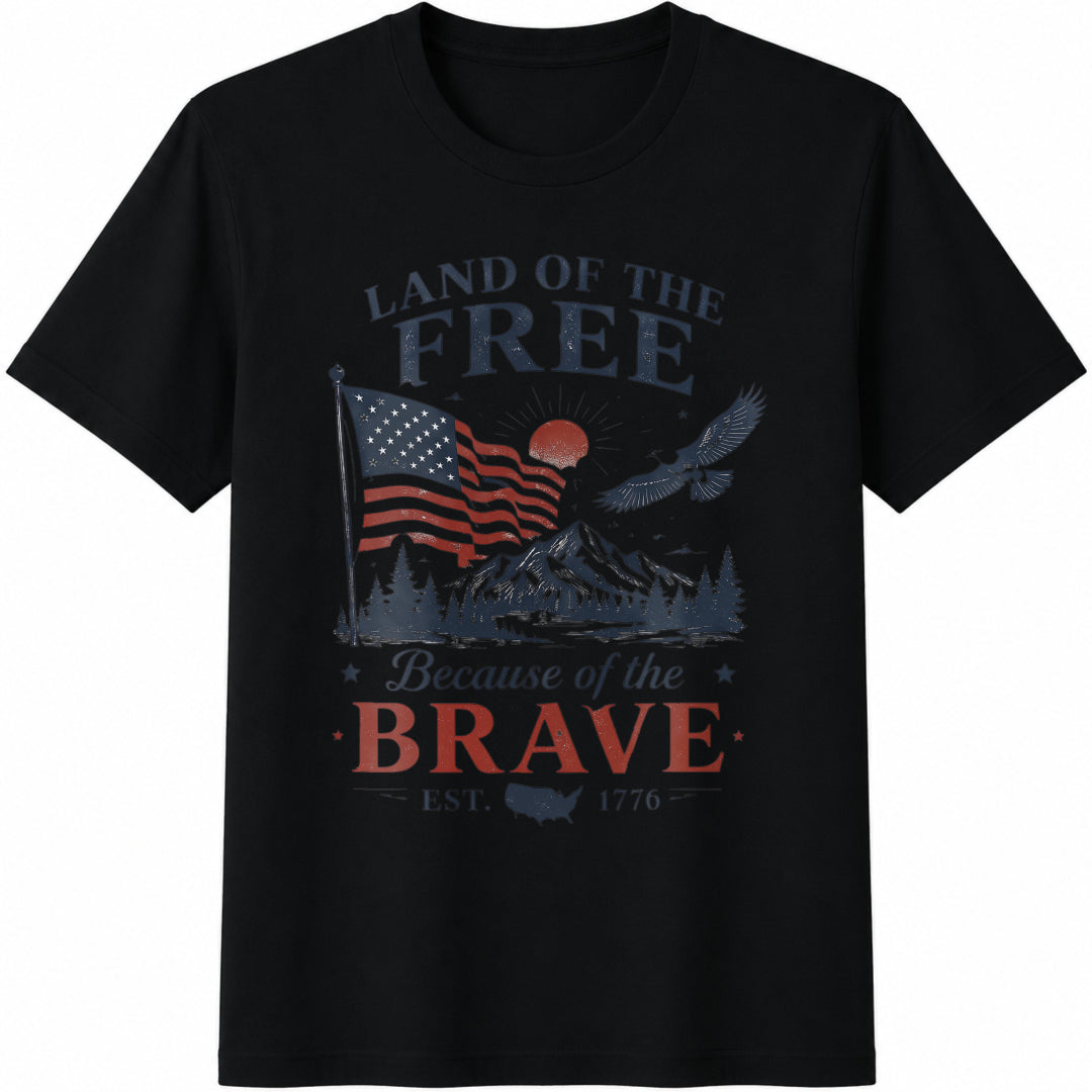 Land of the Free Because of the Brave USA Flag Cotton T-Shirt in Black