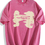 Fun Retro Shriek Rock Patterned Grid Vintage Washed T-Shirt in Red