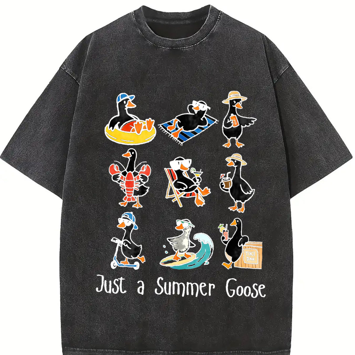 Just a Goose Cute Silly Goose Vintage Washed T-Shirt in Black