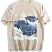 R32 Car Art Gothic Grunge Y2k Emo Scene Amity Affliction Vintage Washed T-Shirt in Beige