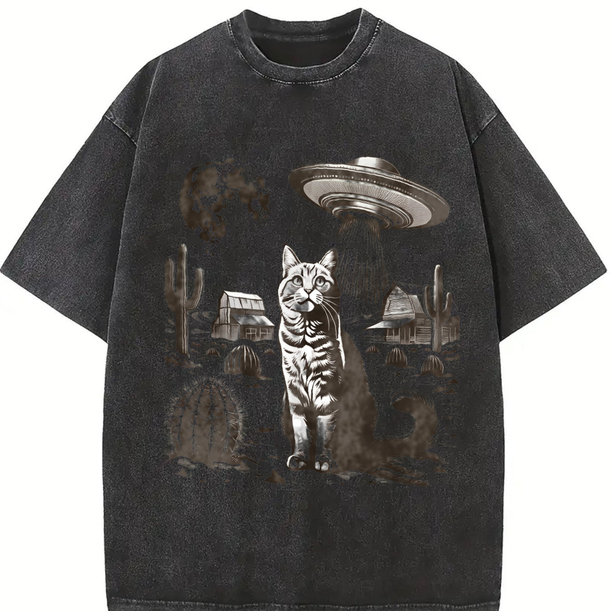 Ufo Western Cat Retro Cat Vintage Washed T-Shirt in Black