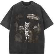 Ufo Western Cat Retro Cat Vintage Washed T-Shirt in Black