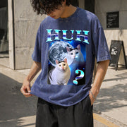 Playful Humor Cat Meme Vintage Washed T-Shirt in Blue