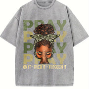 Fortify Your Faith With Black Woman Afro Christian Sayings vintage washed oversized T-shirt in Gray