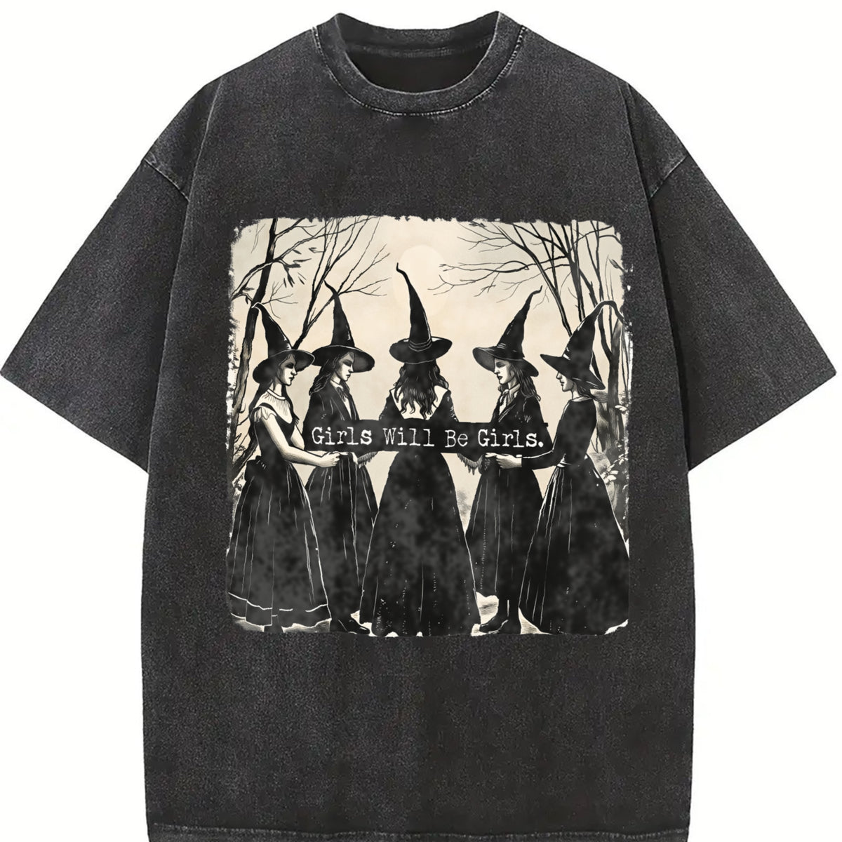 Girls Will Be Girls Halloween Witches Vintage Washed T-Shirt in Black