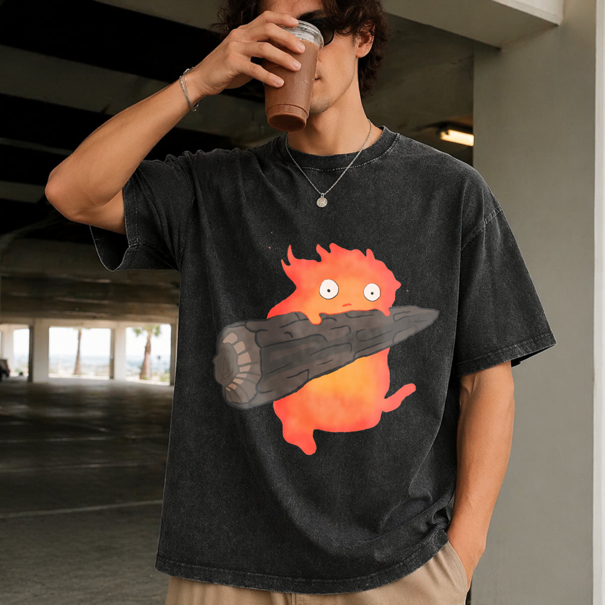 Calcifer's Howl's Moving Castle Vintage Washed T-Shirt in Black