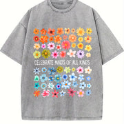 Celebrate Minds of All Kinds Floral Grid Vintage Washed T-Shirt in Gray