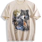 Wolf 90s Wolf Lovers Retro Moon Vintage Washed T-Shirt in Beige