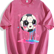 Cute Dripping Soccer Ball Vintage Washed T-Shirt in Red