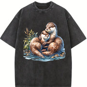 Two River Otters Cuddling Wilderness 90s Vintage Washed T-Shirt in Black