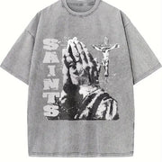 Saints Praying Hands Tank Vintage Washed T-Shirt in Gray