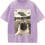 Pug UFO Encounters - UFO and Pug Selfie vintage washed oversized T-shirt in Purple