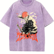 Retro Ichigo Kurosaki Rage Bankai Bleach Anime Manga vintage washed oversized T-shirt in Purple