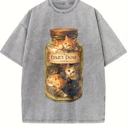 Cat Dose Kitten Art Vintage Washed T-Shirt in Gray