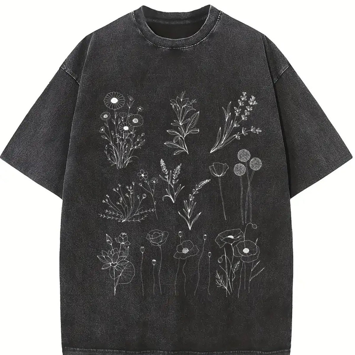 90s Wild Flowers Retro Botanical Nature Vintage Washed T-Shirt in Black