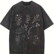 90s Wild Flowers Retro Botanical Nature Vintage Washed T-Shirt in Black
