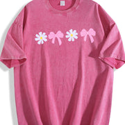 Daisy Bow Embroidered Vintage Washed T-Shirt in Red