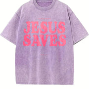 Jesus Saves Christian Gym Pump Cover vintage washed oversized T-shirt in Purple