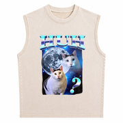 Playful Humor Cat Meme Vintage Washed Tank Top in Beige