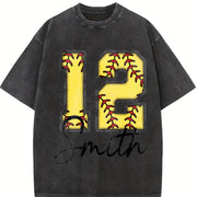 Custom Softball Personalized Softball Number Vintage Washed T-Shirt in Black