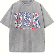 Floral USA America Vintage Washed T-Shirt in Gray