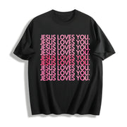 Jesus Loves You Pink Retro Christian Faith Minimalist Cotton T-Shirt in Black