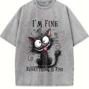 Animal Letter Cat Fine 1pc Vintage Washed T-Shirt in Gray