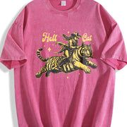 Hell Cat Cowgirl Riding Tiger Vintage Washed T-Shirt in Red