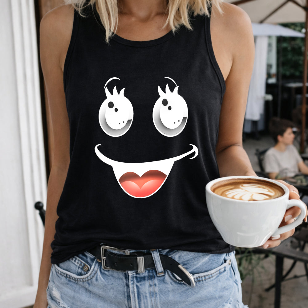 Big Eyes Smile Face Women's Color Cotton Tank Top in Black