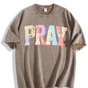 Pray Christian Faux Quilted Religious Vintage Washed T-Shirt in Brown