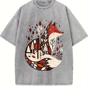 Folk Art Bohemian Fox and Tree Vintage Washed T-Shirt in Gray
