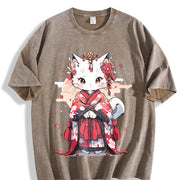 Animal Series Spring/: Cat in a Kimono Vintage Washed T-Shirt in Brown