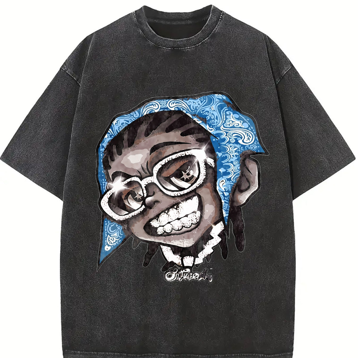 Hip Hop Cartoon Character Sleeveless Tank Vintage Washed T-Shirt in Black