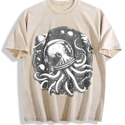Retro Octopus in Space 90s Vintage Washed T-Shirt in Beige