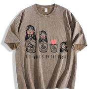 Retro Russian Nesting Wooden Dolls 90s Vintage Washed T-Shirt in Brown
