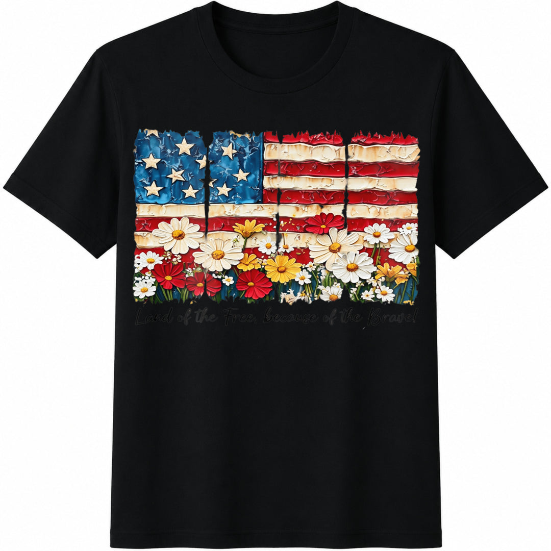 Patriotic Floral American Flag Cotton T-Shirt in Black