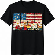 Patriotic Floral American Flag Cotton T-Shirt in Black