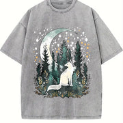 Bohemian Night Fox & Pine Forest Vintage Washed T-Shirt in Gray