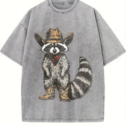 Raccoon Cowboy Western Animal Vintage Washed T-Shirt in Gray