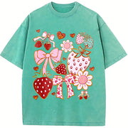 Boho Strawberry Coquette Vintage Washed T-Shirt in Blue